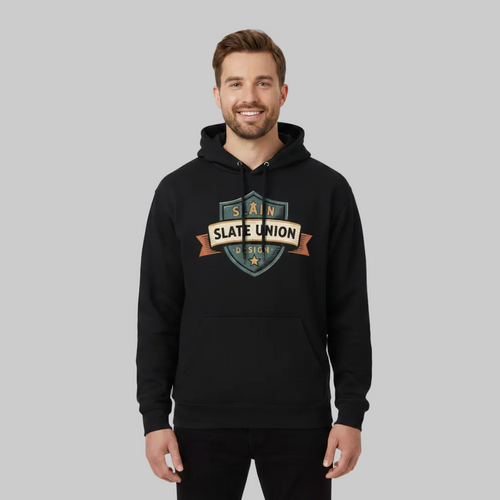 A black pullover hoodie with a vintage-style graphic on the chest reading 'SLATE UNION DESIGN' inside a shield and banner motif, shown on a plain white background.