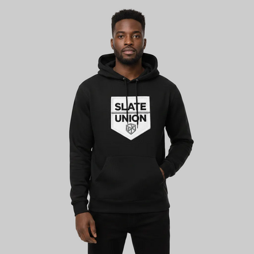A black pullover hoodie with a white shield-shaped chest graphic that reads 'SLATE UNION' and a small emblem below it, shown on a plain white background.