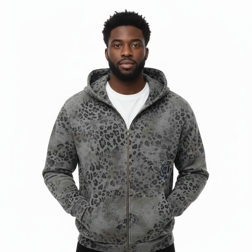 Unisex Vintage Wash Leopard Full Zip Hoodie