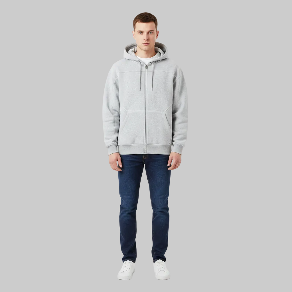 Gray hoodie with a zipper on a white background